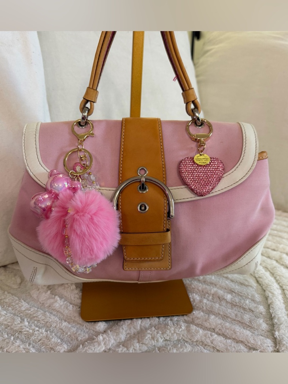 Coach Pink, White & Tan Shoulder Bag with Heart Charm
